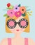 Hello Spring Romantic Banner with Cute Girls and Flowers. Floral Spring Design with Beautiful Woman in Trendy Eyeglasses
