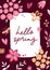 Hello spring. Romantic greeting card with lettering and scandinavian flowers on dark background. Floral greeting cards, poster,
