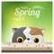 Hello Spring season background with a cat looking at ladybugs