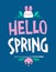 Hello Spring, simple cut out creative lettering concept. Colorful modern typography design with Easter bunny, floral illustrations