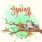 Hello Spring template or greeting card design with illustration of tiny birds nest.