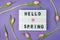 Hello spring - text on display lightbox on purple background wih pink tulips. Pastel colors, soft image. Floral Greeting card.