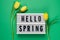 Hello Spring - text on a display lightbox with yellow tulips on green background