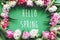 Hello spring text sign on beautiful double peony tulips frame flat lay on green paper. Springtime. Stylish floral greeting card.