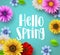 Hello spring text vector banner greetings design with colorful flower elements
