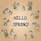 Hello spring text in wreath of snowdrops ornament. Beginning of spring