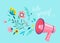 Hello spring vector background. Pink megaphone with springtime flowers, leaves, plants isolated on blue background. Text