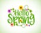 Hello Spring Vector Design with 3D Realistic Fresh Plants and Flowers