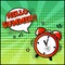 Hello sumer comic book vector background. Alarm clock with speesh bubble on green pattern in pop art style. Cartoon illustration