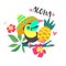 Hello summer. Aloha. Cute funny cartoon Toucan. Tropical paradise. Vector illustration.