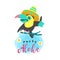 Hello summer. Aloha. Cute funny cartoon Toucan. Tropical paradise. Vector illustration.