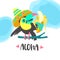 Hello summer. Aloha. Cute funny cartoon Toucan. Tropical paradise. Vector illustration.