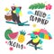 Hello summer. Aloha. Cute funny cartoon Toucan. Tropical paradise. Vector illustration.