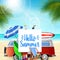 Hello summer banner background with a camper van, birds, and beach elements