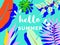 Hello summer banner/background template design, tropical plants on cyan, colorful vibrant tones