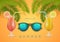 Hello Summer banner with a cocktail, sunglass and palm branch. Happy bright summer season concept in yellow background. Vector