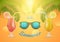 Hello Summer banner with a cocktail, sunglass and palm branch. Happy bright summer season concept in yellow background. Vector