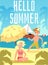 Hello summer banner with cute kids on seaside flat vector illustration.