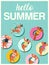 Hello Summer banner with gils on inflatable swim ring in swimming pool floats background, exotic floral design for