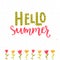 Hello summer banner with hand lettering and tulips drawing. Green and pink colors.