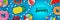 Hello summer banner with inflatable balls, mattress and swimming rings on pool water background