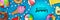 Hello summer banner with inflatable balls, mattresses and swimming rings on water background