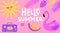 Hello summer banner, modern bright cool illustrations. Flamingo swimming trunk, retro boombox, tropical leaves, sum and
