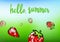 Hello summer banner. Strawberry abstract composition on green and blue background. Berries grunge texture and stained. Whole