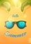 Hello Summer banner with sunglass and palm branch. Happy bright summer season concept in yellow background. Vector Stock