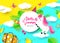 Hello Summer banner with Sweet unicorn and other travel elements. Paper Art. Vector illustration.