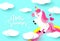 Hello Summer banner with Sweet unicorn, rainbow and clouds on blue background. Paper Art. Vector illustration