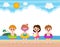 Hello summer banner template of Cute kids and rubber ring on the beach. children cartoon floating on inflatable in the ocean