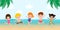 Hello summer banner template , Group of kids jumping on the beach, summer time, Relaxing children at seashore, Lounge time