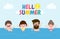 Hello summer banner template, people swimming on the waves, Group of person having fun on the beach, Summer time, Attractions