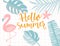 Hello summer banner, tropical frame with palm foliage and flamingo. Calligraphy text, pastel green and yellow colors.