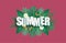 Hello summer banner with tropical leaves and text in paper cut style. Digital craft paper art summer background, wallpaper,