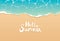 Hello summer beach top view travel and vacation background. Use for banner template, greeting card, invitation, sea and sand