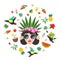 Hello, summer. A beautiful girl with a hairstyle decorated with exotic flowers and fruits