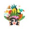 Hello, summer. A beautiful girl with a hairstyle decorated with exotic flowers and fruits