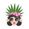 Hello, summer. A beautiful girl with a hairstyle decorated with exotic flowers and fruits