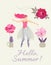 Hello, summer! Beautiful vertical card with fairy ballerina, red rose and flowers in flowerpots isolated