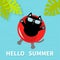 Hello Summer. Black cat floating on red air pool water circle. Sunglasses. Lifebuoy. Palm tree leaf. Cute cartoon relaxing charact