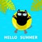 Hello Summer. Black cat floating on yellow air pool water circle. Sunglasses. Lifebuoy. Palm tree leaf. Cute cartoon relaxing char