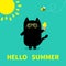 Hello summer. Black cat holding Ice cream. Yellow sun shining, sunglasses. Bee insect. Cute cartoon character. Greeting card. Funn