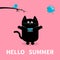 Hello summer. Black cat. Photo camera, bird, branch. Cute cartoon character. Greeting card. Funny pet animal collection. Flat desi