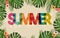 Hello Summer brand texture with botanical flora and palm leaves. Vector illustration