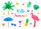 Hello summer bright rainbow banner, postcard. Watercolor silhouettes of palm tree, flamingo, sunglasses and tropical