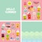 Hello Summer bright tropical card banner design, fashion patches badges stickers. Cat pineapple, smoothie cup, ice cream, bubble