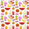 Hello Summer bright tropical seamless pattern, fashion patches badges stickers. Persimmon, pear, pineapple, cherry smoothie cup,