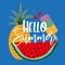 Hello summer calligraphy with hand drawn watermelon, and pineapple, ice cream, and cherry on blue background.